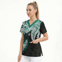 Monstera Plumeria Flowers Teal Scrub Top Polynesian Pattern