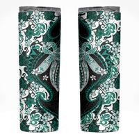Monstera Plumeria Flowers Teal Skinny Tumbler Polynesian Pattern