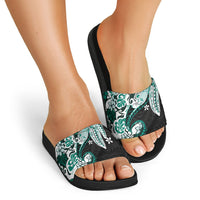 Monstera Plumeria Flowers Teal Slide Sandals Polynesian Pattern