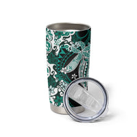 Monstera Plumeria Flowers Teal Tumbler Cup Polynesian Pattern