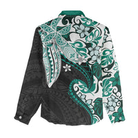 Monstera Plumeria Flowers Teal Women Casual Shirt Polynesian Pattern