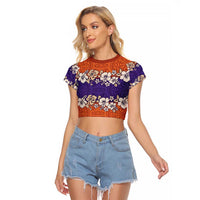 Hawaiian Hibiscus Raglan Cropped T Shirt Orange and Purple Unique
