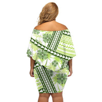 Hawaii Quilt Off Shoulder Short Dress Kakau Polynesian Pattern Olive Green Version LT01 - Polynesian Pride