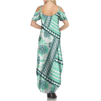 Hawaii Quilt Family Matching Summer Maxi Dress and Hawaiian Shirt Kakau Polynesian Pattern Teal Version LT01 - Polynesian Pride