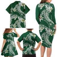 Polynesian Hawaiian Plumeria Tribal Pattern Family Matching Long Sleeve Bodycon Dress and Hawaiian Shirt Green Version LT01 - Polynesian Pride