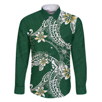 Polynesian Hawaiian Plumeria Tribal Pattern Family Matching Summer Maxi Dress and Hawaiian Shirt Green Version
