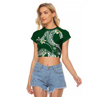 Polynesian Hawaiian Plumeria Tribal Pattern Raglan Cropped T Shirt Green Version