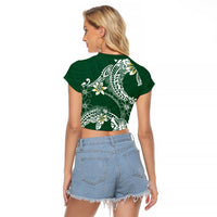 Polynesian Hawaiian Plumeria Tribal Pattern Raglan Cropped T Shirt Green Version