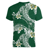 Polynesian Hawaiian Plumeria Tribal Pattern Women V-Neck T-Shirt Green Version