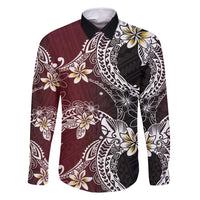 Polynesian Hawaiian Plumeria Tribal Pattern Family Matching Long Sleeve Bodycon Dress and Hawaiian Shirt Special Wine Red Version LT01 Dad's Shirt - Long Sleeve Red - Polynesian Pride