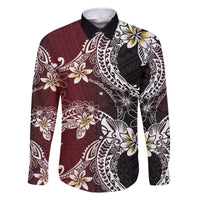 Polynesian Hawaiian Plumeria Tribal Pattern Family Matching Off The Shoulder Long Sleeve Dress and Hawaiian Shirt Special Wine Red Version LT01 Dad's Shirt - Long Sleeve Red - Polynesian Pride