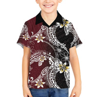 Polynesian Hawaiian Plumeria Tribal Pattern Family Matching Off The Shoulder Long Sleeve Dress and Hawaiian Shirt Special Wine Red Version LT01 Son's Shirt Red - Polynesian Pride