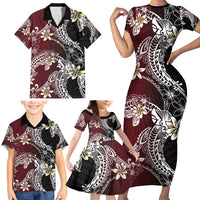 Polynesian Hawaiian Plumeria Tribal Pattern Family Matching Short Sleeve Bodycon Dress and Hawaiian Shirt Special Wine Red Version LT01 - Polynesian Pride