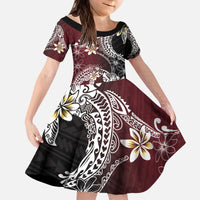 Polynesian Hawaiian Plumeria Tribal Pattern Kid Short Sleeve Dress Special Wine Red Version