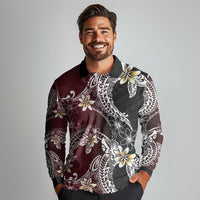 Polynesian Hawaiian Plumeria Tribal Pattern Long Sleeve Polo Shirt Special Wine Red Version