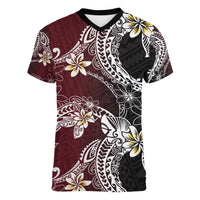Polynesian Hawaiian Plumeria Tribal Pattern Women V-Neck T-Shirt Special Wine Red Version