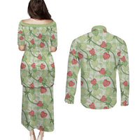 Anthurium Pikake Ti Leaf Palaka Couples Matching Puletasi and Long Sleeve Button Shirt Green Version