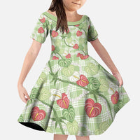 Anthurium Pikake Ti Leaf Palaka Family Matching Short Sleeve Bodycon Dress and Hawaiian Shirt Green Version