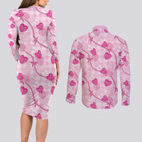 Anthurium Pikake Ti Leaf Palaka Couples Matching Long Sleeve Bodycon Dress and Long Sleeve Button Shirt Pink Version