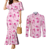 Anthurium Pikake Ti Leaf Palaka Couples Matching Mermaid Dress and Long Sleeve Button Shirt Pink Version