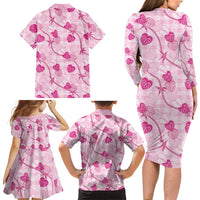 Anthurium Pikake Ti Leaf Palaka Family Matching Long Sleeve Bodycon Dress and Hawaiian Shirt Pink Version