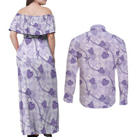 Anthurium Pikake Ti Leaf Palaka Couples Matching Off Shoulder Maxi Dress and Long Sleeve Button Shirt Purple Version