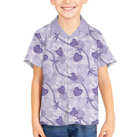 Anthurium Pikake Ti Leaf Palaka Family Matching Off The Shoulder Long Sleeve Dress and Hawaiian Shirt Purple Version