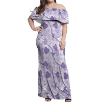 Anthurium Pikake Ti Leaf Palaka Off Shoulder Maxi Dress Purple Version