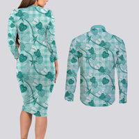 Anthurium Pikake Ti Leaf Palaka Couples Matching Long Sleeve Bodycon Dress and Long Sleeve Button Shirt Turquoise Version