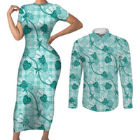 Anthurium Pikake Ti Leaf Palaka Couples Matching Short Sleeve Bodycon Dress and Long Sleeve Button Shirt Turquoise Version