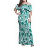 Anthurium Pikake Ti Leaf Palaka Family Matching Off Shoulder Maxi Dress and Hawaiian Shirt Turquoise Version