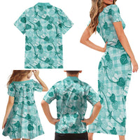 Anthurium Pikake Ti Leaf Palaka Family Matching Short Sleeve Bodycon Dress and Hawaiian Shirt Turquoise Version LT01 - Polynesian Pride