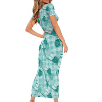 Anthurium Pikake Ti Leaf Palaka Family Matching Short Sleeve Bodycon Dress and Hawaiian Shirt Turquoise Version LT01 - Polynesian Pride