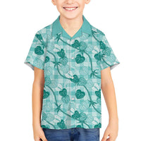 Anthurium Pikake Ti Leaf Palaka Family Matching Short Sleeve Bodycon Dress and Hawaiian Shirt Turquoise Version LT01 Son's Shirt Turquoise - Polynesian Pride