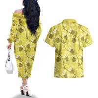 Anthurium Pikake Ti Leaf Palaka Couples Matching Off The Shoulder Long Sleeve Dress and Hawaiian Shirt Yellow Version