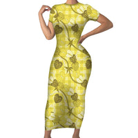 Anthurium Pikake Ti Leaf Palaka Family Matching Short Sleeve Bodycon Dress and Hawaiian Shirt Yellow Version