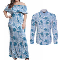 Anthurium Pikake Ti Leaf Palaka Couples Matching Off Shoulder Maxi Dress and Long Sleeve Button Shirt Blue Version