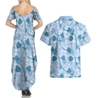 Anthurium Pikake Ti Leaf Palaka Couples Matching Summer Maxi Dress and Hawaiian Shirt Blue Version