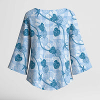 Anthurium Pikake Ti Leaf Palaka Kimono Sleeve Blouse Blue Version