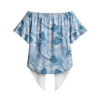 Anthurium Pikake Ti Leaf Palaka Off Shoulder Wrap Waist Top Blue Version LT01 - Polynesian Pride