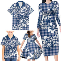 Hibiscus Pakala Cobalt Blue Royal Family Matching Long Sleeve Bodycon Dress and Hawaiian Shirt Tropical Floral Stylized LT01 - Polynesian Pride