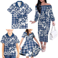 Hibiscus Pakala Cobalt Blue Royal Family Matching Off The Shoulder Long Sleeve Dress and Hawaiian Shirt Tropical Floral Stylized LT01 - Polynesian Pride