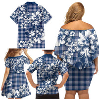 Hibiscus Pakala Cobalt Blue Royal Family Matching Off Shoulder Short Dress and Hawaiian Shirt Tropical Floral Stylized LT01 - Polynesian Pride