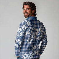 Hibiscus Pakala Cobalt Blue Royal Long Sleeve Polo Shirt Tropical Floral Stylized - Polynesian Pride