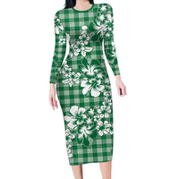 Hibiscus Pakala Emerald Green Family Matching Long Sleeve Bodycon Dress and Hawaiian Shirt Tropical Floral Stylized LT01 Mom's Dress Green - Polynesian Pride