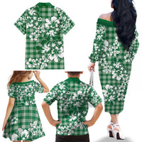 Hibiscus Pakala Emerald Green Family Matching Off The Shoulder Long Sleeve Dress and Hawaiian Shirt Tropical Floral Stylized LT01 - Polynesian Pride