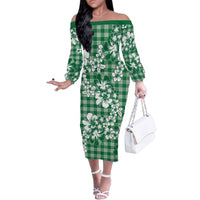 Hibiscus Pakala Emerald Green Family Matching Off The Shoulder Long Sleeve Dress and Hawaiian Shirt Tropical Floral Stylized LT01 Mom's Dress Green - Polynesian Pride