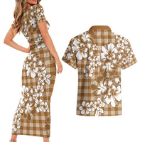 Hibiscus Pakala Bronze Brown Couples Matching Short Sleeve Bodycon Dress and Hawaiian Shirt Tropical Floral Stylized - Polynesian Pride