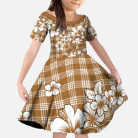 Hibiscus Pakala Bronze Brown Family Matching Off The Shoulder Long Sleeve Dress and Hawaiian Shirt Tropical Floral Stylized LT01 Daughter's Dress Brown - Polynesian Pride