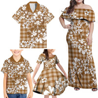 Hibiscus Pakala Bronze Brown Family Matching Off Shoulder Maxi Dress and Hawaiian Shirt Tropical Floral Stylized - Polynesian Pride